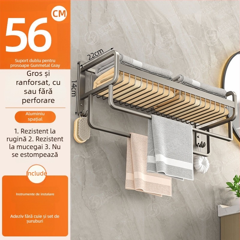 Raft de baie din aluminiu, montat pe perete, pentru prosoape, pliabil, fără găuri, cu două niveluri