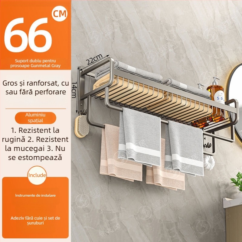 Raft de baie din aluminiu, montat pe perete, pentru prosoape, pliabil, fără găuri, cu două niveluri