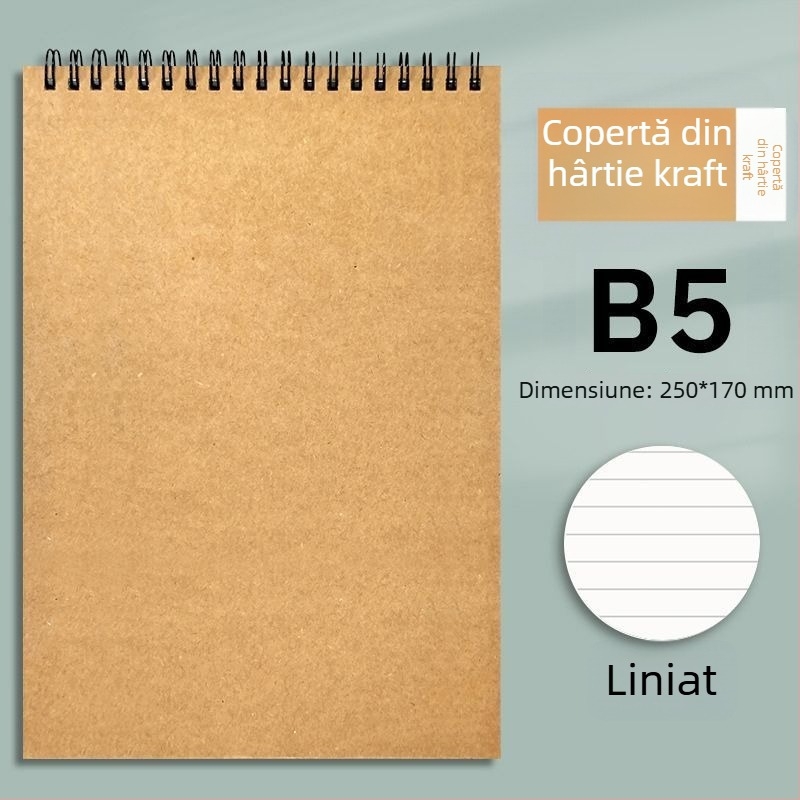 Caiet spiral din hârtie Kraft, format B5, gros, cu deschidere în sus, cu pagini liniate și pătrate, stil minimalist pentru studenți și examene de masterat