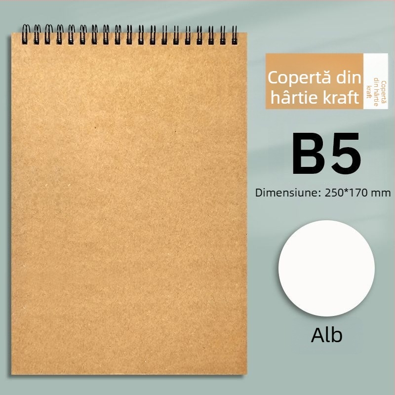 Caiet spiral din hârtie Kraft, format B5, gros, cu deschidere în sus, cu pagini liniate și pătrate, stil minimalist pentru studenți și examene de masterat