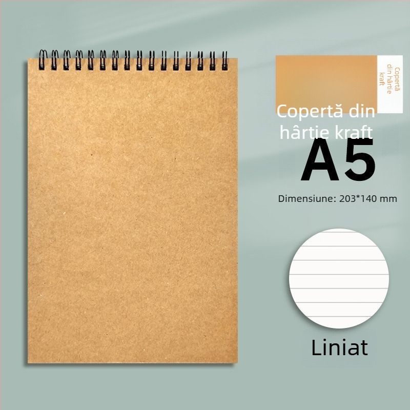 Caiet spiral din hârtie Kraft, format B5, gros, cu deschidere în sus, cu pagini liniate și pătrate, stil minimalist pentru studenți și examene de masterat