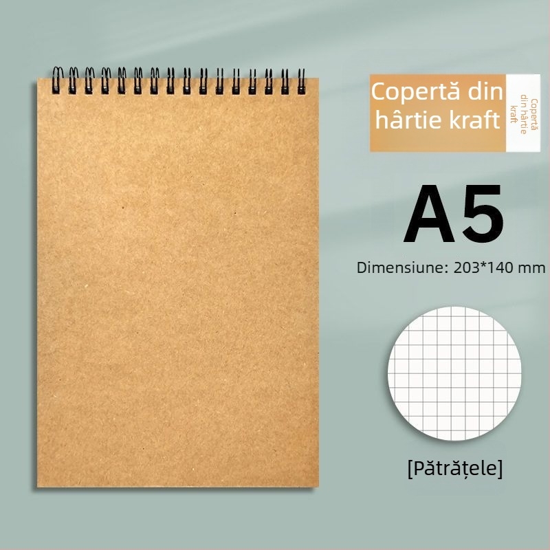 Caiet spiral din hârtie Kraft, format B5, gros, cu deschidere în sus, cu pagini liniate și pătrate, stil minimalist pentru studenți și examene de masterat