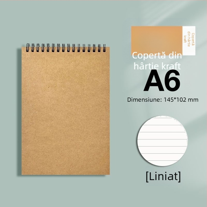 Caiet spiral din hârtie Kraft, format B5, gros, cu deschidere în sus, cu pagini liniate și pătrate, stil minimalist pentru studenți și examene de masterat