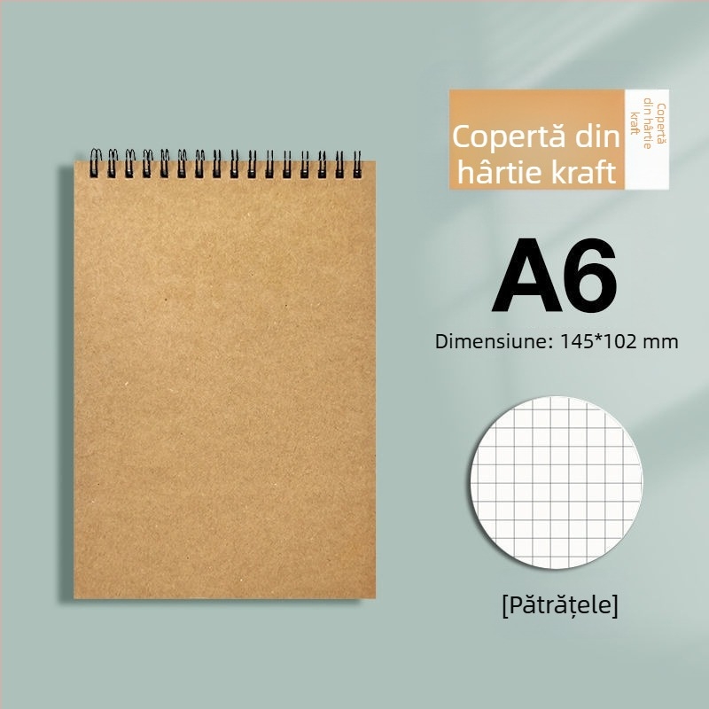 Caiet spiral din hârtie Kraft, format B5, gros, cu deschidere în sus, cu pagini liniate și pătrate, stil minimalist pentru studenți și examene de masterat