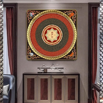 Tablou thangka pentru perete cu mantra din șase cuvinte și Sutra Inimii, motiv mandala, roata mantrei, decor pentru living
