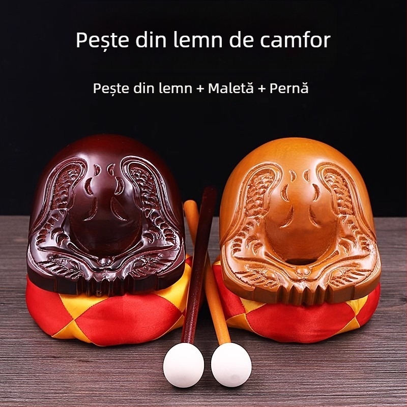 Set din lemn de camfor – Pește din lemn (Muyu) pentru ritualuri, cu pernă de sprijin și ciocan; dimensiuni 3.5–8 inci