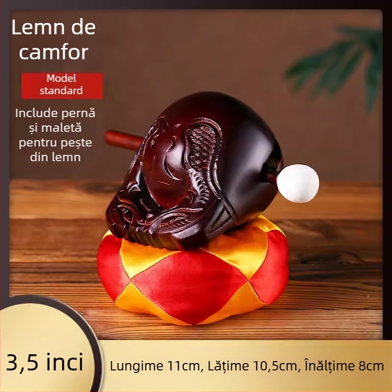 Set din lemn de camfor – Pește din lemn (Muyu) pentru ritualuri, cu pernă de sprijin și ciocan; dimensiuni 3.5–8 inci