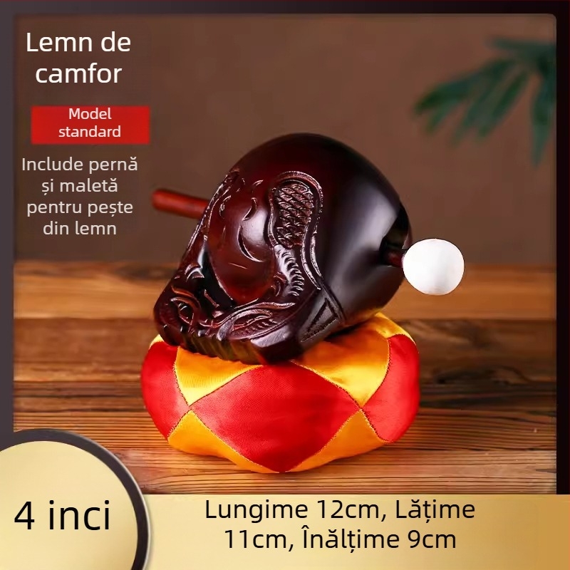 Set din lemn de camfor – Pește din lemn (Muyu) pentru ritualuri, cu pernă de sprijin și ciocan; dimensiuni 3.5–8 inci