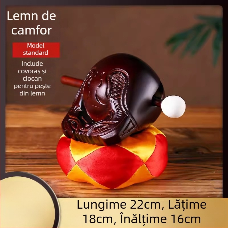 Set din lemn de camfor – Pește din lemn (Muyu) pentru ritualuri, cu pernă de sprijin și ciocan; dimensiuni 3.5–8 inci