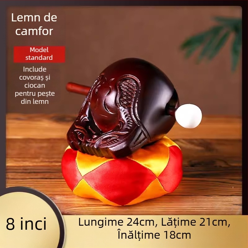 Set din lemn de camfor – Pește din lemn (Muyu) pentru ritualuri, cu pernă de sprijin și ciocan; dimensiuni 3.5–8 inci