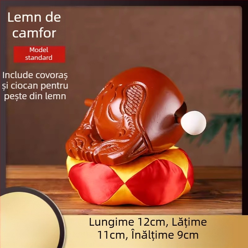 Set din lemn de camfor – Pește din lemn (Muyu) pentru ritualuri, cu pernă de sprijin și ciocan; dimensiuni 3.5–8 inci