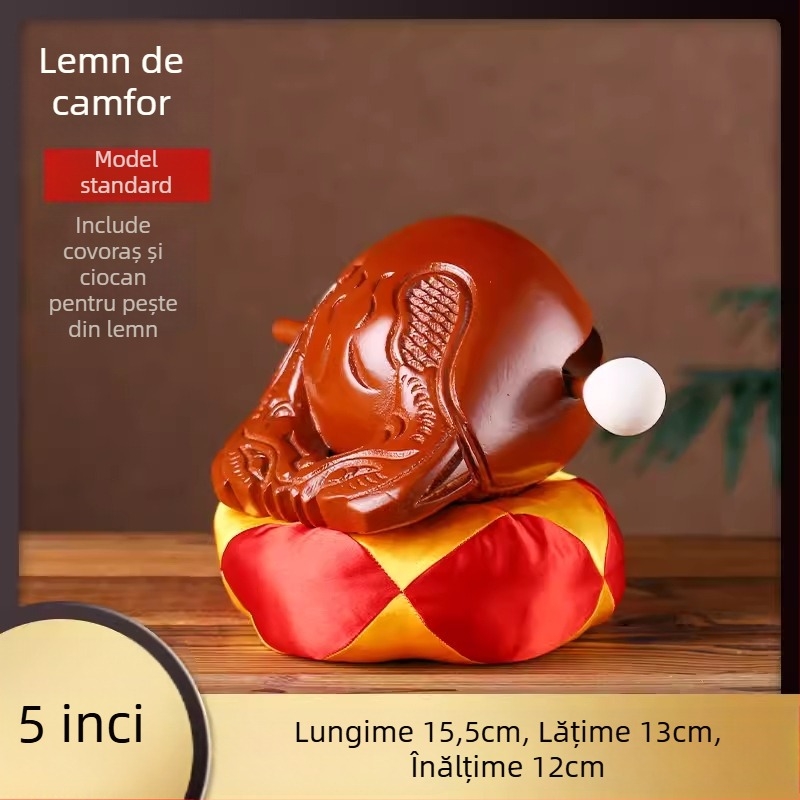 Set din lemn de camfor – Pește din lemn (Muyu) pentru ritualuri, cu pernă de sprijin și ciocan; dimensiuni 3.5–8 inci