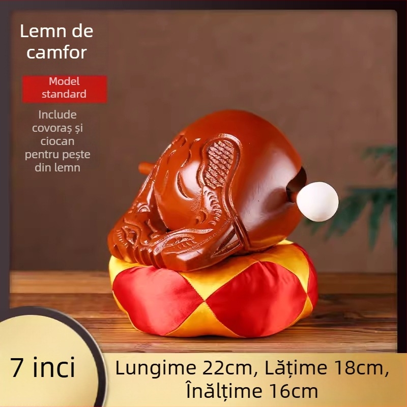 Set din lemn de camfor – Pește din lemn (Muyu) pentru ritualuri, cu pernă de sprijin și ciocan; dimensiuni 3.5–8 inci