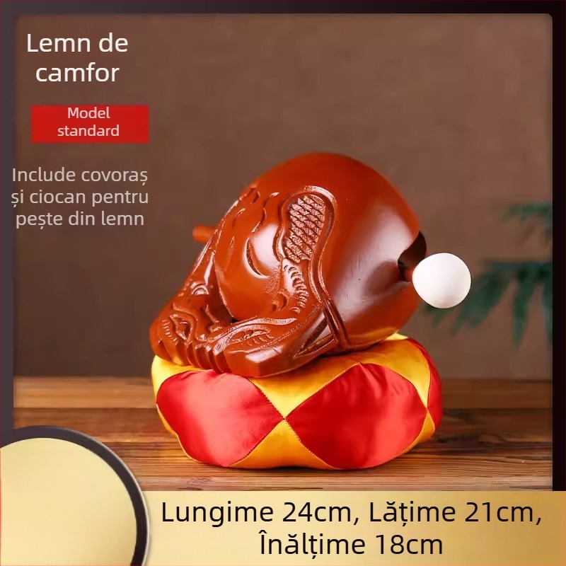 Set din lemn de camfor – Pește din lemn (Muyu) pentru ritualuri, cu pernă de sprijin și ciocan; dimensiuni 3.5–8 inci