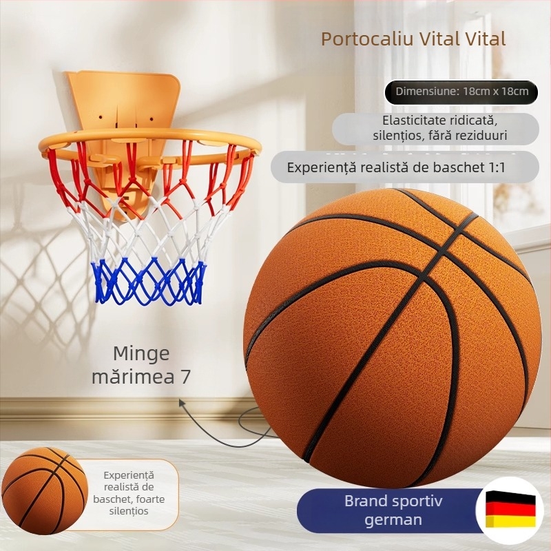 Baschet silențios pentru interior, pentru copii și adulți — minge din burete profesională, cu rebound ridicat și fără reziduuri.