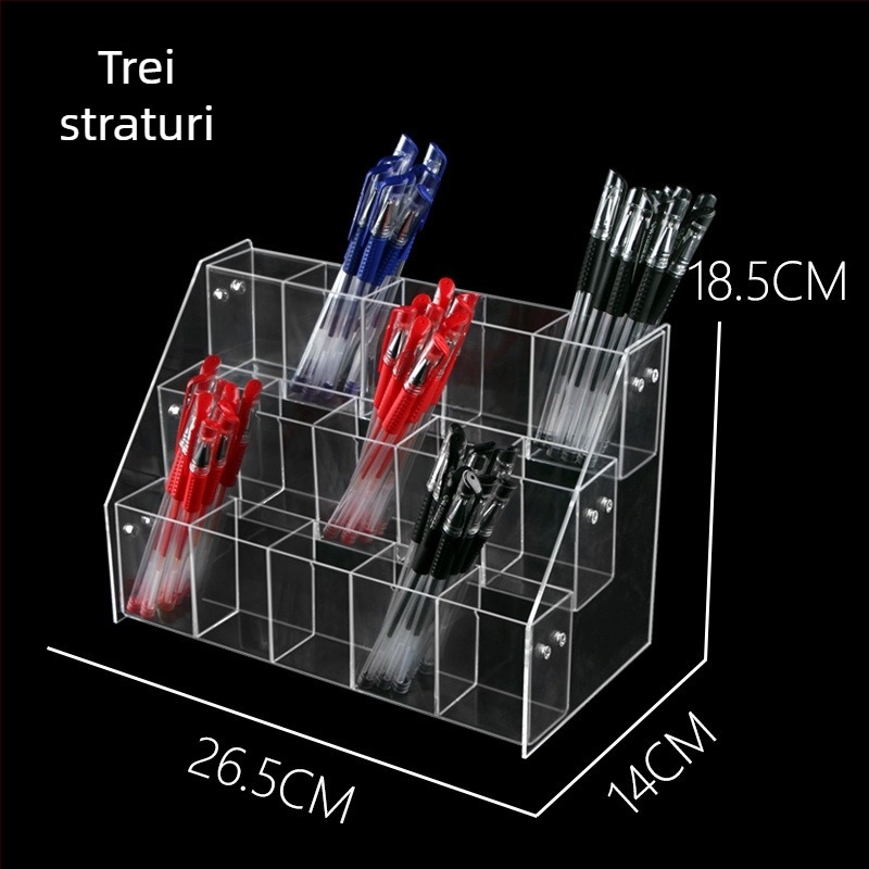 Raft de afișaj din acrilic pentru birou, cu suport pentru pixuri, design trapezoidal cu mai multe niveluri și spațiu de depozitare