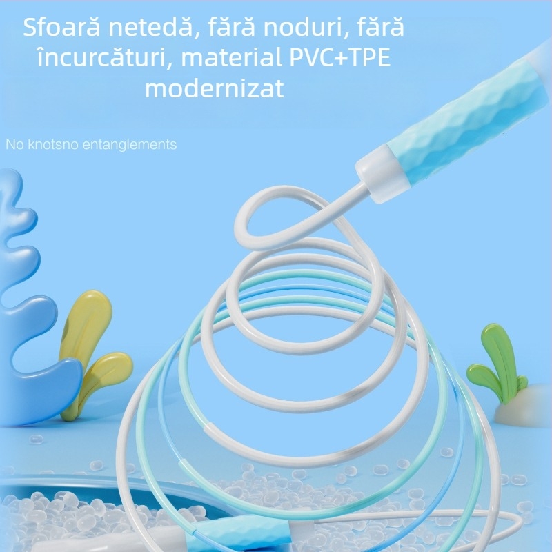 Sfoară de săritură în stil profesional pentru elevi din învățământul primar și gimnazial, destinată examenelor de educație fizică, reglabilă și fără încâlcire