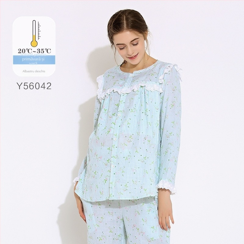 Pijama de vară din bumbac pentru alăptare și maternitate, respirabil, mâneci lungi