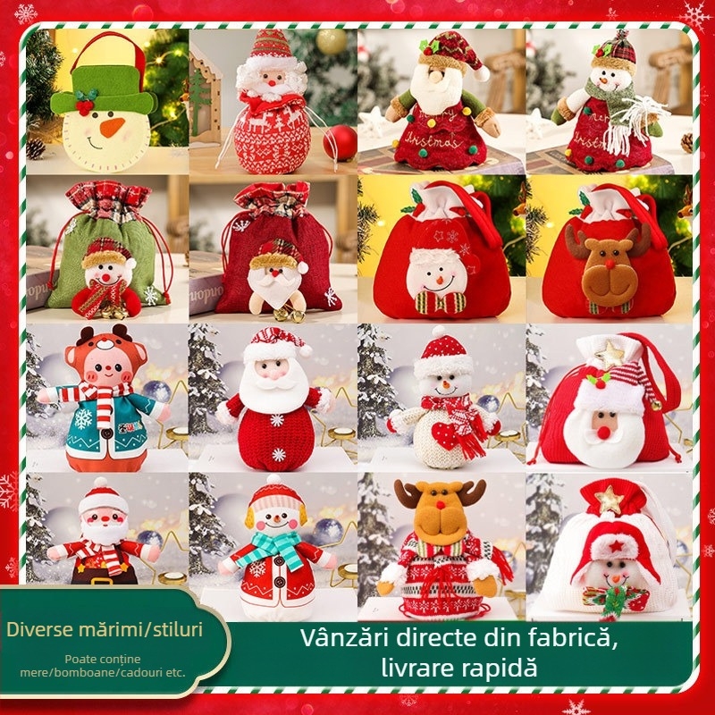 Set de ornamente de Crăciun într-o cutie cadou de catifea cu șnur, cu figurile Moș Crăciun, Om de zăpadă și căprioare