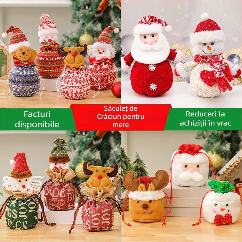 Set de ornamente de Crăciun într-o cutie cadou de catifea cu șnur, cu figurile Moș Crăciun, Om de zăpadă și căprioare