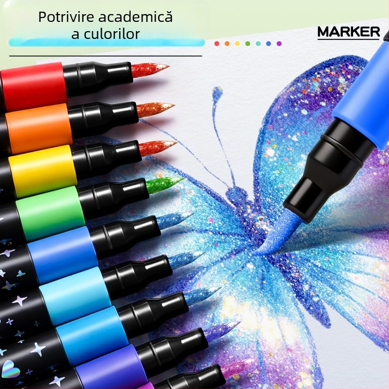 Markere acrilice cu sclipici, vârfuri moi, pentru desene la grădiniță și școala primară — markere fluorescente, colorate, de tip acuarelă cu sclipici