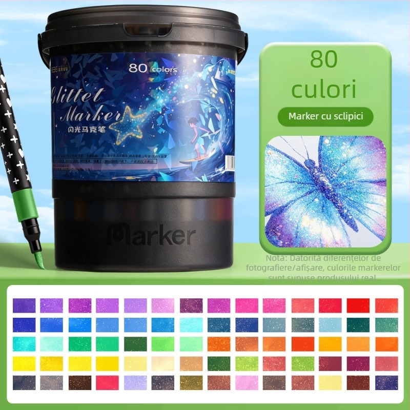 Markere acrilice cu sclipici, vârfuri moi, pentru desene la grădiniță și școala primară — markere fluorescente, colorate, de tip acuarelă cu sclipici