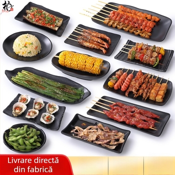 Buya Farfurie pătrată din melamină neagră, imitatie de porțelan, 20–21 cm, farfurie joasă, stil japonez, pentru hot pot și grătar