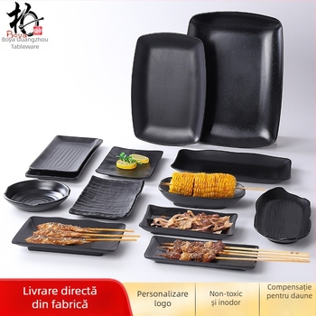 Buya Farfurie pătrată din melamină neagră, imitatie de porțelan, 20–21 cm, farfurie joasă, stil japonez, pentru hot pot și grătar