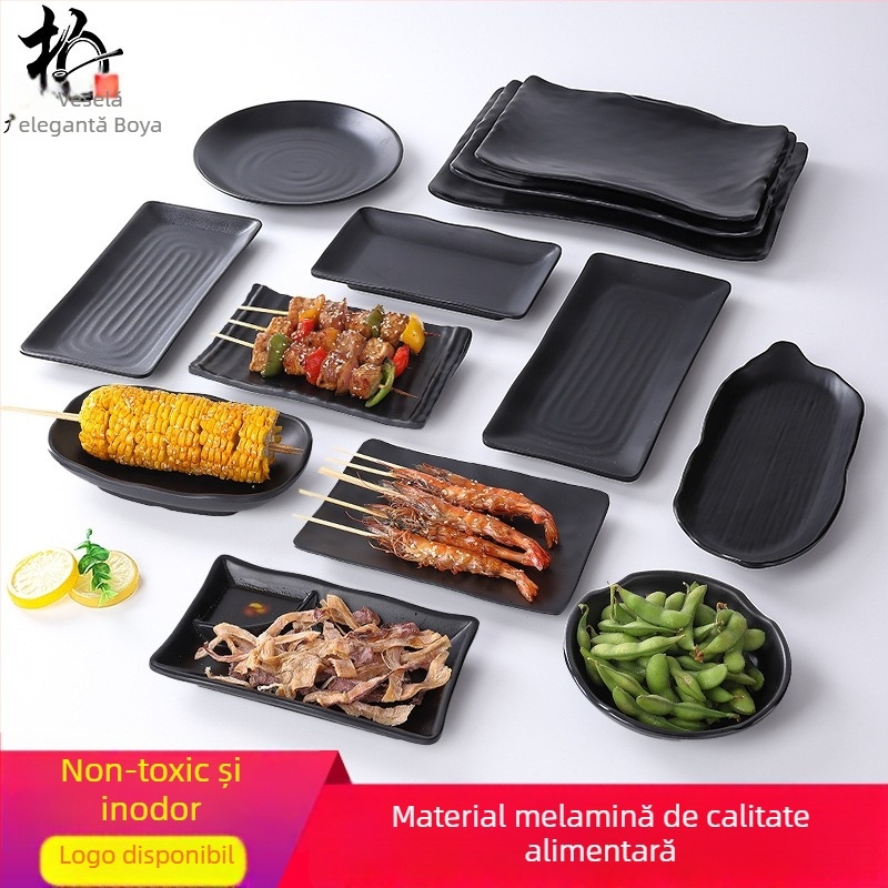 Buya Farfurie pătrată din melamină neagră, imitatie de porțelan, 20–21 cm, farfurie joasă, stil japonez, pentru hot pot și grătar