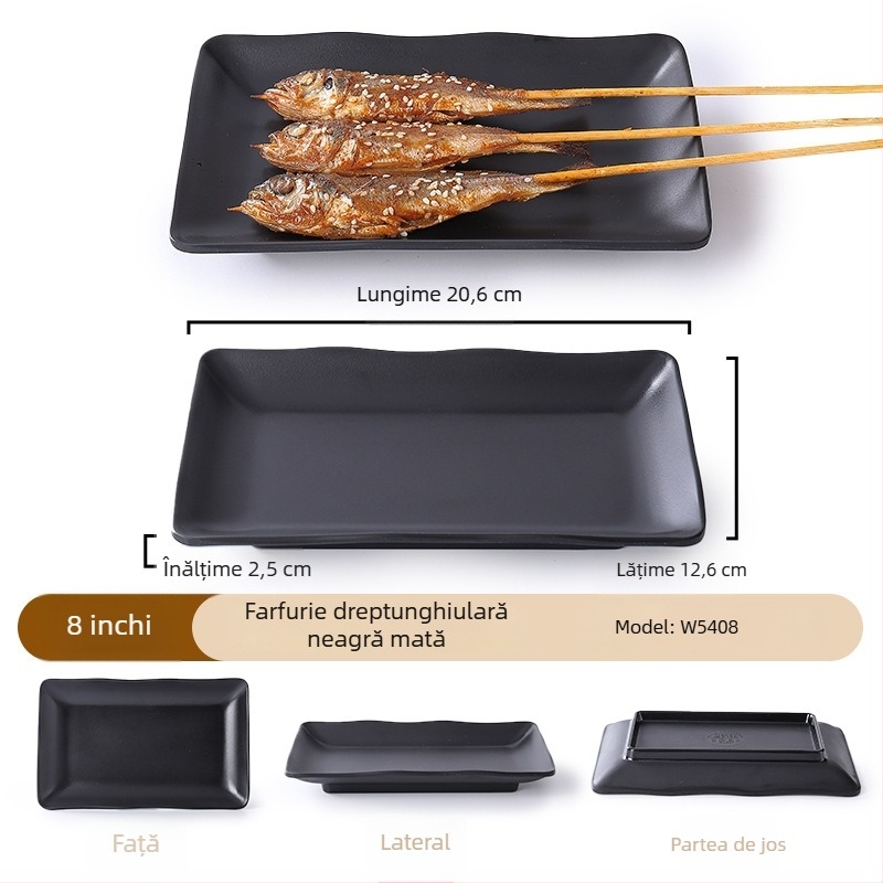 Buya Farfurie pătrată din melamină neagră, imitatie de porțelan, 20–21 cm, farfurie joasă, stil japonez, pentru hot pot și grătar