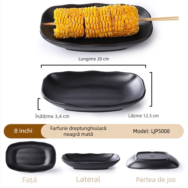 Buya Farfurie pătrată din melamină neagră, imitatie de porțelan, 20–21 cm, farfurie joasă, stil japonez, pentru hot pot și grătar