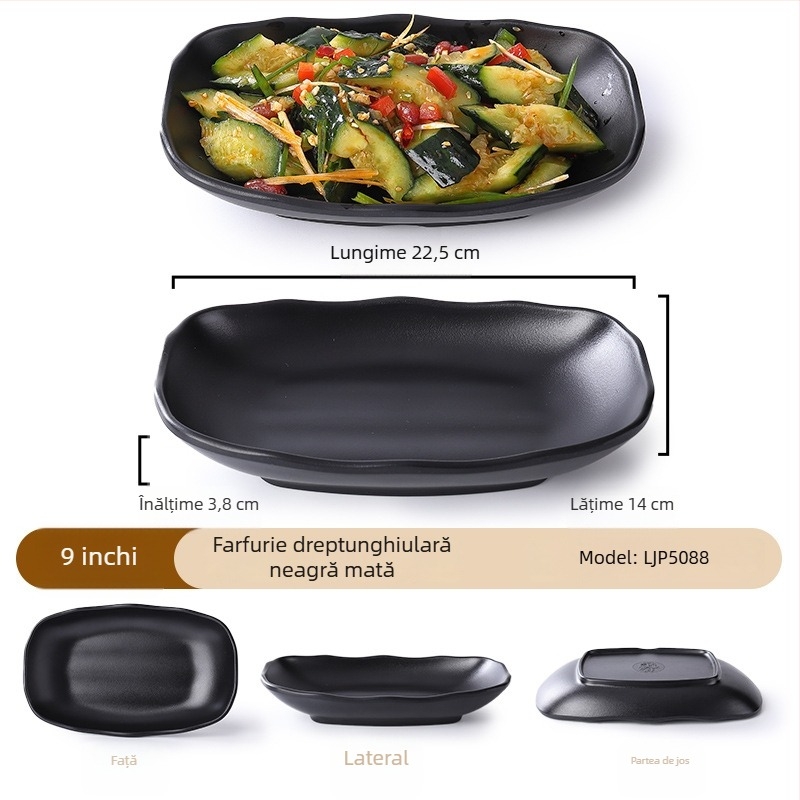 Buya Farfurie pătrată din melamină neagră, imitatie de porțelan, 20–21 cm, farfurie joasă, stil japonez, pentru hot pot și grătar