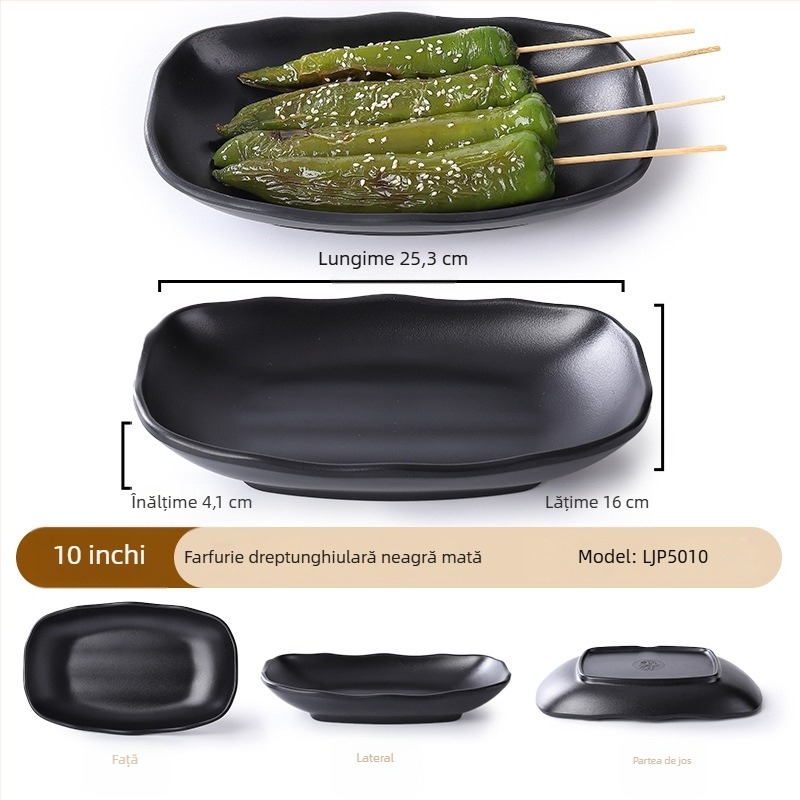 Buya Farfurie pătrată din melamină neagră, imitatie de porțelan, 20–21 cm, farfurie joasă, stil japonez, pentru hot pot și grătar