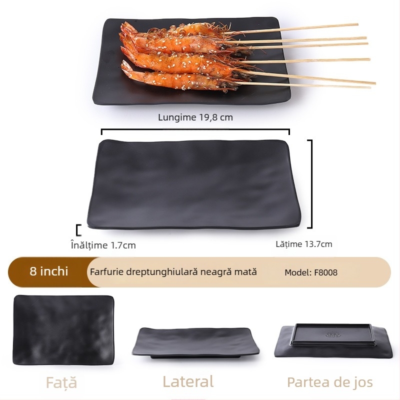 Buya Farfurie pătrată din melamină neagră, imitatie de porțelan, 20–21 cm, farfurie joasă, stil japonez, pentru hot pot și grătar