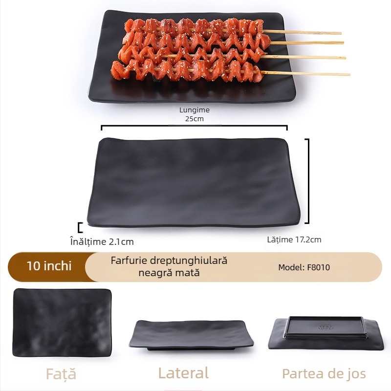 Buya Farfurie pătrată din melamină neagră, imitatie de porțelan, 20–21 cm, farfurie joasă, stil japonez, pentru hot pot și grătar