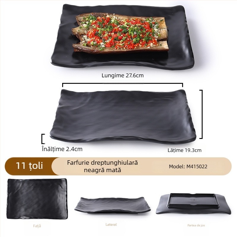 Buya Farfurie pătrată din melamină neagră, imitatie de porțelan, 20–21 cm, farfurie joasă, stil japonez, pentru hot pot și grătar