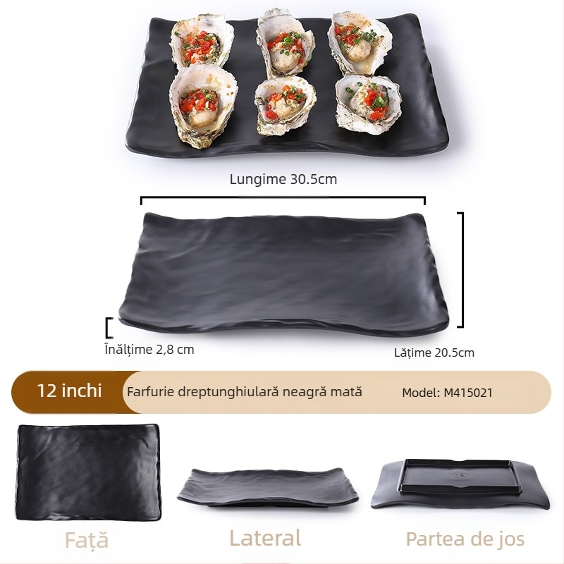 Buya Farfurie pătrată din melamină neagră, imitatie de porțelan, 20–21 cm, farfurie joasă, stil japonez, pentru hot pot și grătar