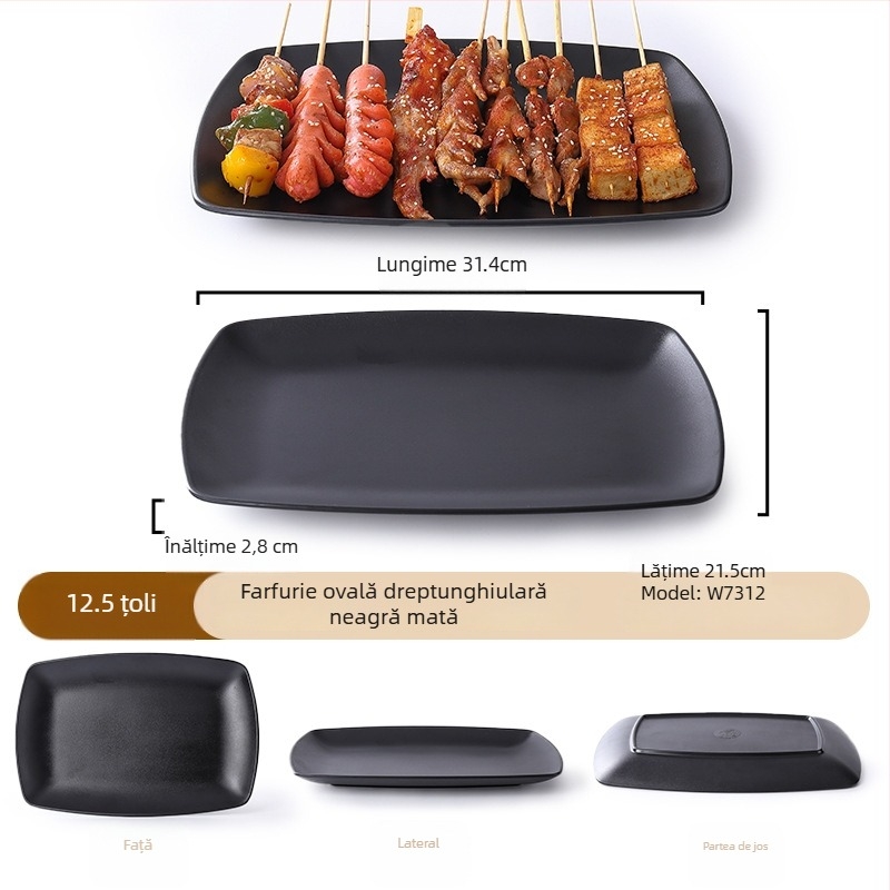 Buya Farfurie pătrată din melamină neagră, imitatie de porțelan, 20–21 cm, farfurie joasă, stil japonez, pentru hot pot și grătar