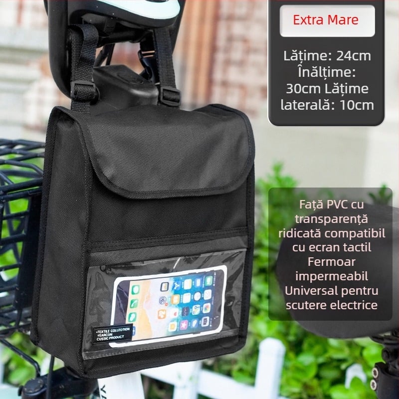 Geantă frontală pentru bicicletă, rezistentă la apă, cu buzunar pentru ecran tactil, capacitate mare, compartimentare 3D, reglabilă