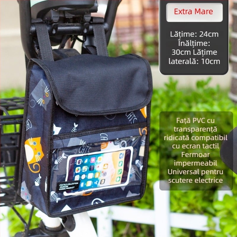 Geantă frontală pentru bicicletă, rezistentă la apă, cu buzunar pentru ecran tactil, capacitate mare, compartimentare 3D, reglabilă