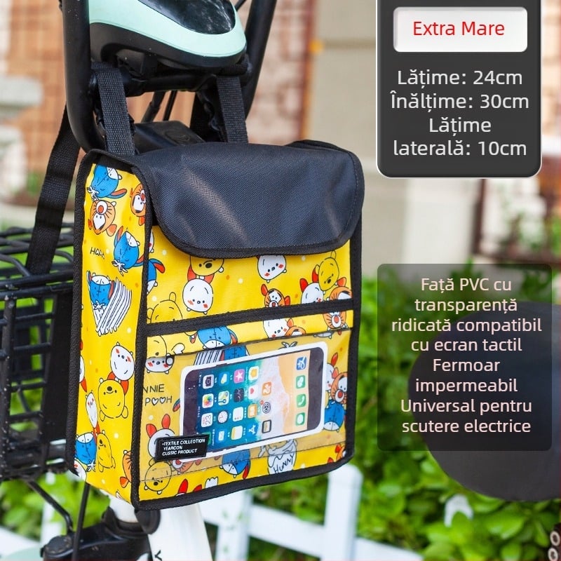 Geantă frontală pentru bicicletă, rezistentă la apă, cu buzunar pentru ecran tactil, capacitate mare, compartimentare 3D, reglabilă