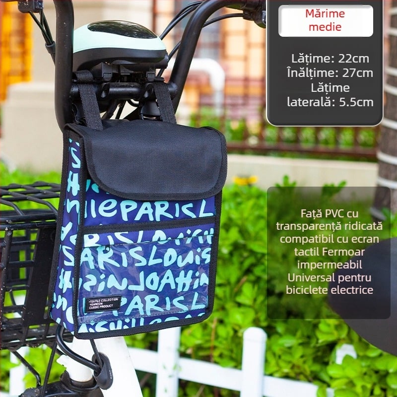 Geantă frontală pentru bicicletă, rezistentă la apă, cu buzunar pentru ecran tactil, capacitate mare, compartimentare 3D, reglabilă