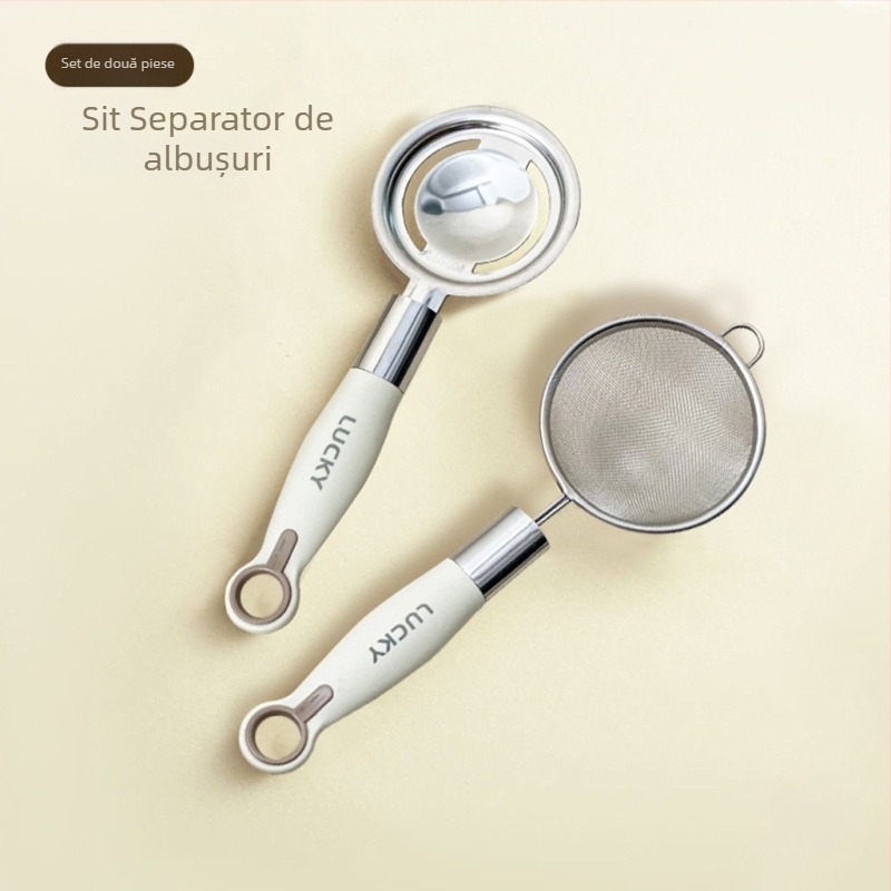 Separator de albușuri cu mâner alb, sită pentru făină – ustensilă de bucătărie pentru coacere