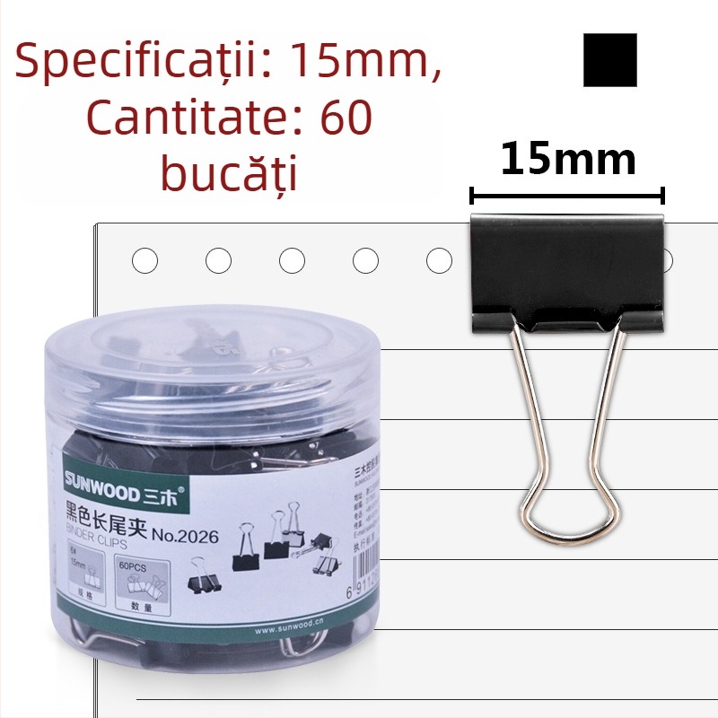 Miki Clipuri de documente negre – set mic, mediu, mare, clip metalic pentru birou