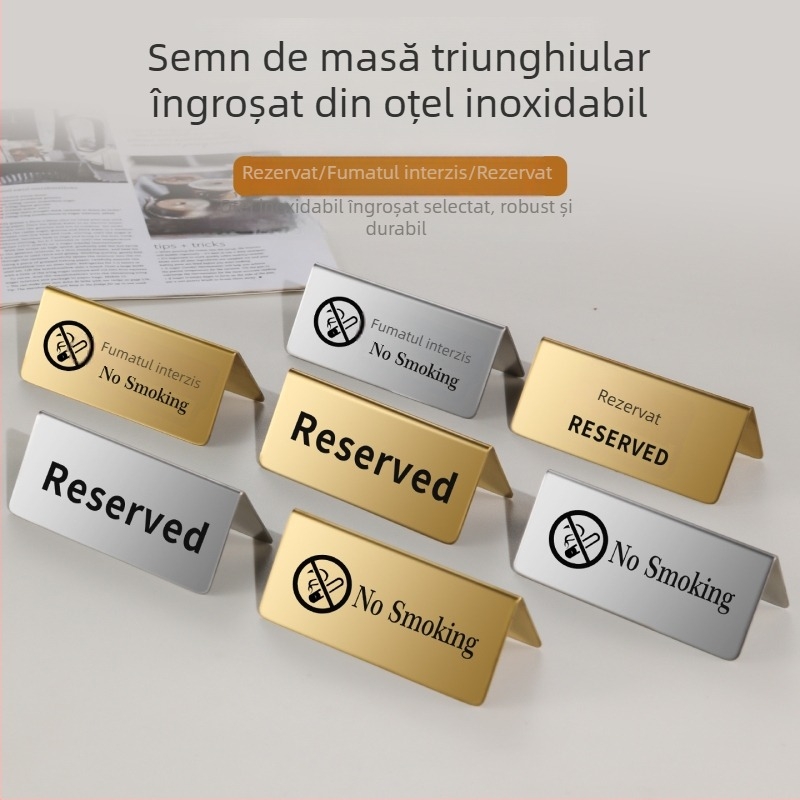 Semn din oțel inoxidabil pentru rezervarea locului, plăcuță cu număr de masă, finisaj auriu și semn bilingv No Smoking.