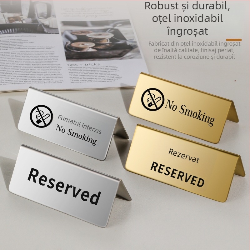 Semn din oțel inoxidabil pentru rezervarea locului, plăcuță cu număr de masă, finisaj auriu și semn bilingv No Smoking.