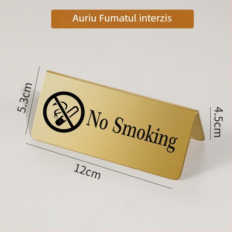 Semn din oțel inoxidabil pentru rezervarea locului, plăcuță cu număr de masă, finisaj auriu și semn bilingv No Smoking.