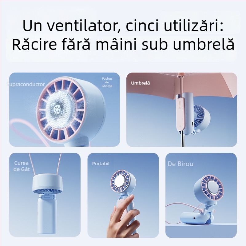 Ventilator mini USB, silențios, dual-use: mâner și birou, purtare la gât, pentru interior și exterior