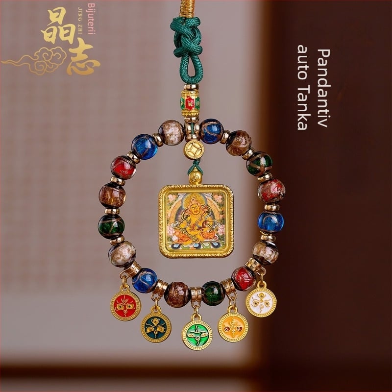 Pandantiv auto în stil tibetan Thangka, din sticlă glazurată, cu Zeul Bogăției Galben, abac și Zeii Bogăției din cinci drumuri, decor interior auto premium în stil chinezesc