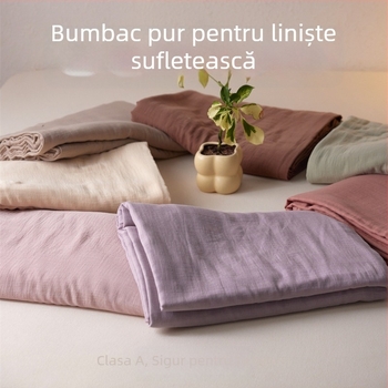Set de lenjerie de pat din bumbac A, muselină dublu-strat din bumbac, culoare uni, include husă de pilotă, cearșaf și fețe de pernă